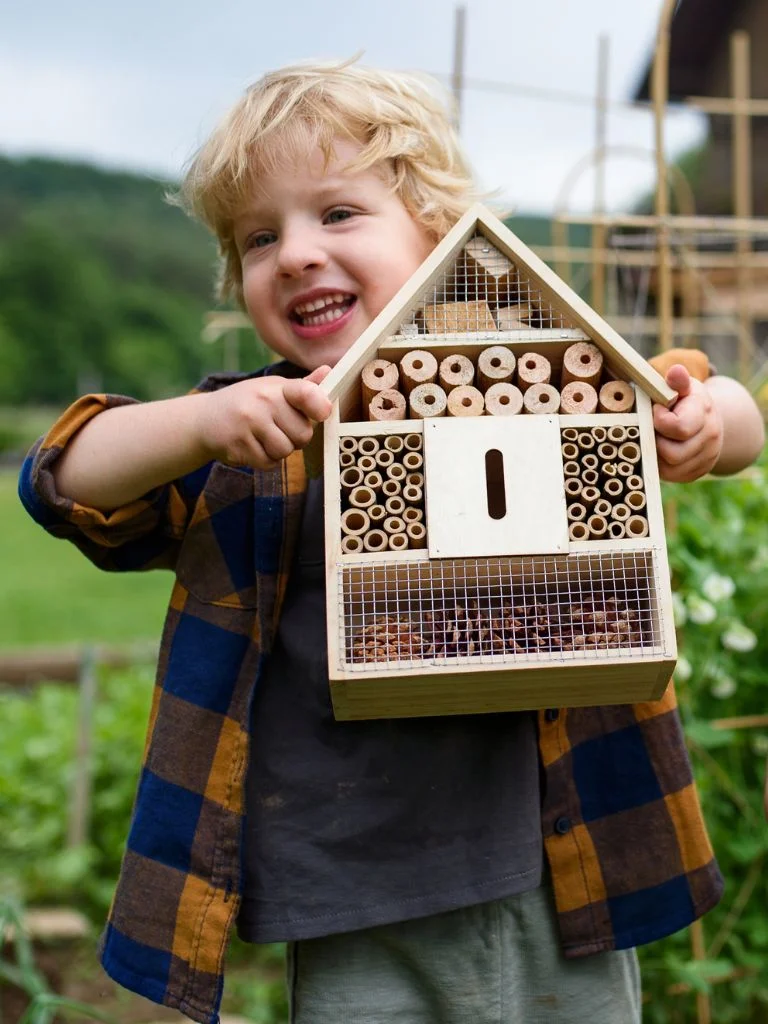 Un petit garçon qui tient un piège en bois à insectes