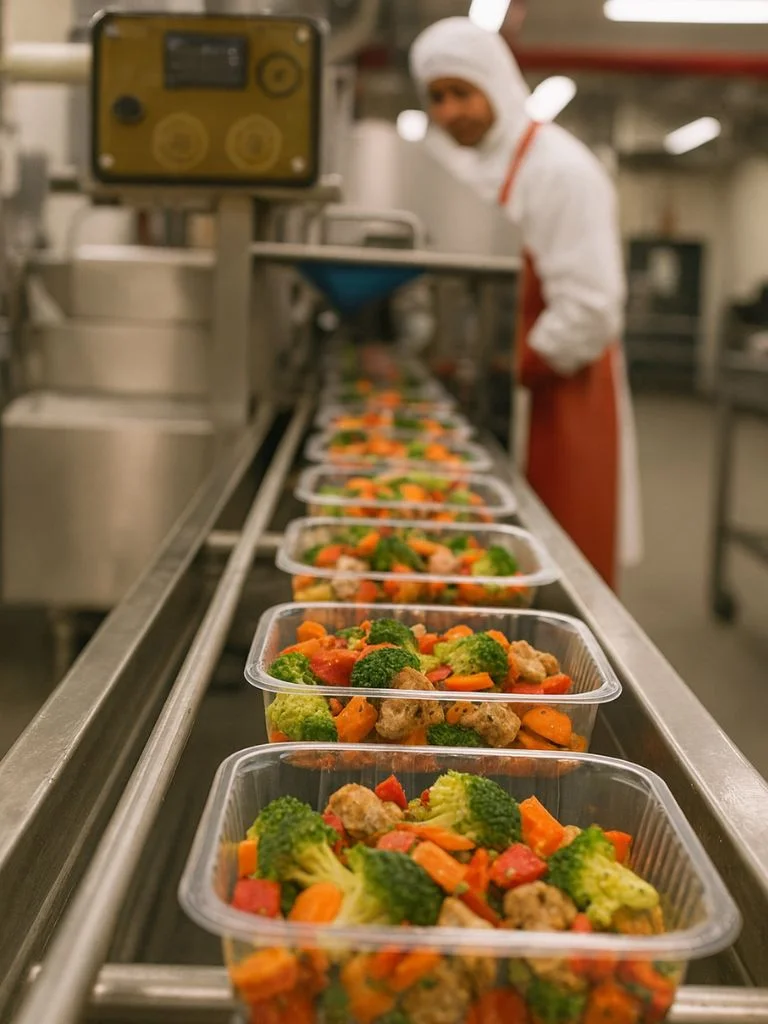 Une industrie agroalimentaire avec un tapis roulant et des légumes