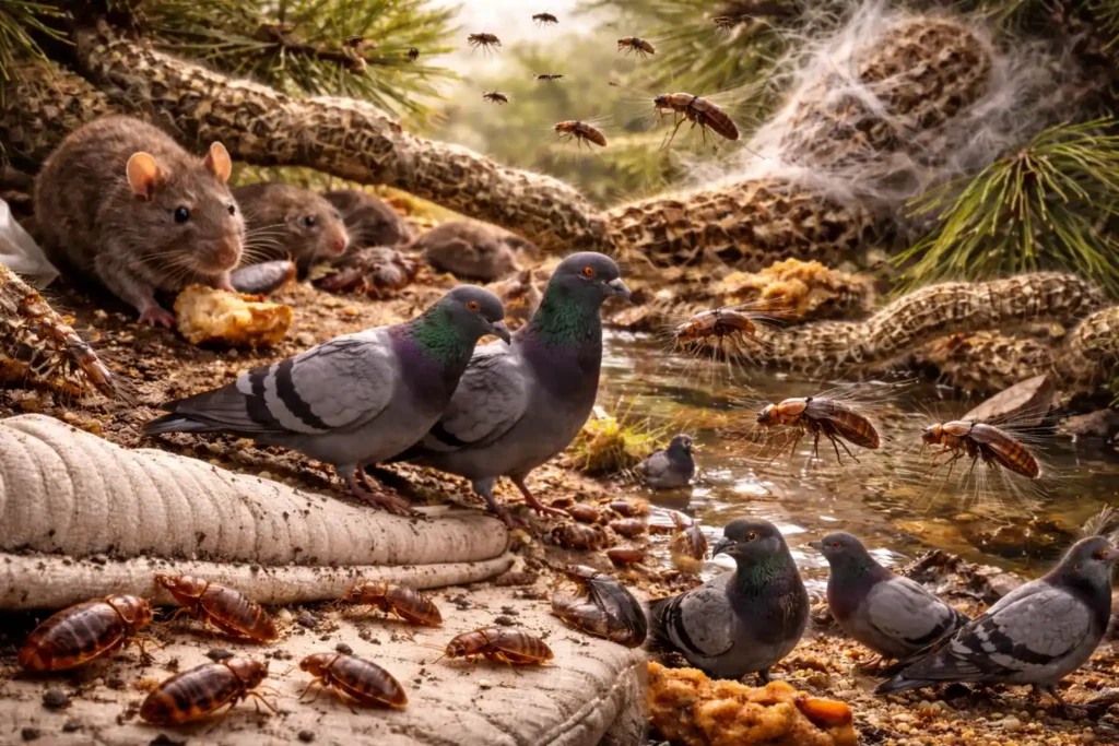 Image représentant les nuisibles traités par une entreprise de désinsectisation et dératisation : rats, cafards, punaises de lit, puces, moustiques, pigeons et chenilles processionnaires.